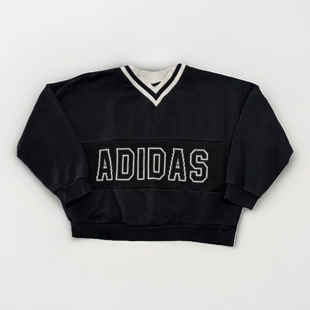 Adidas Sweater Womens Size XL Pullover V Neck Collegiate Stripe Knit Logo Black